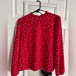 SHEIN Red Heart Print Ruffled Neck Blouse